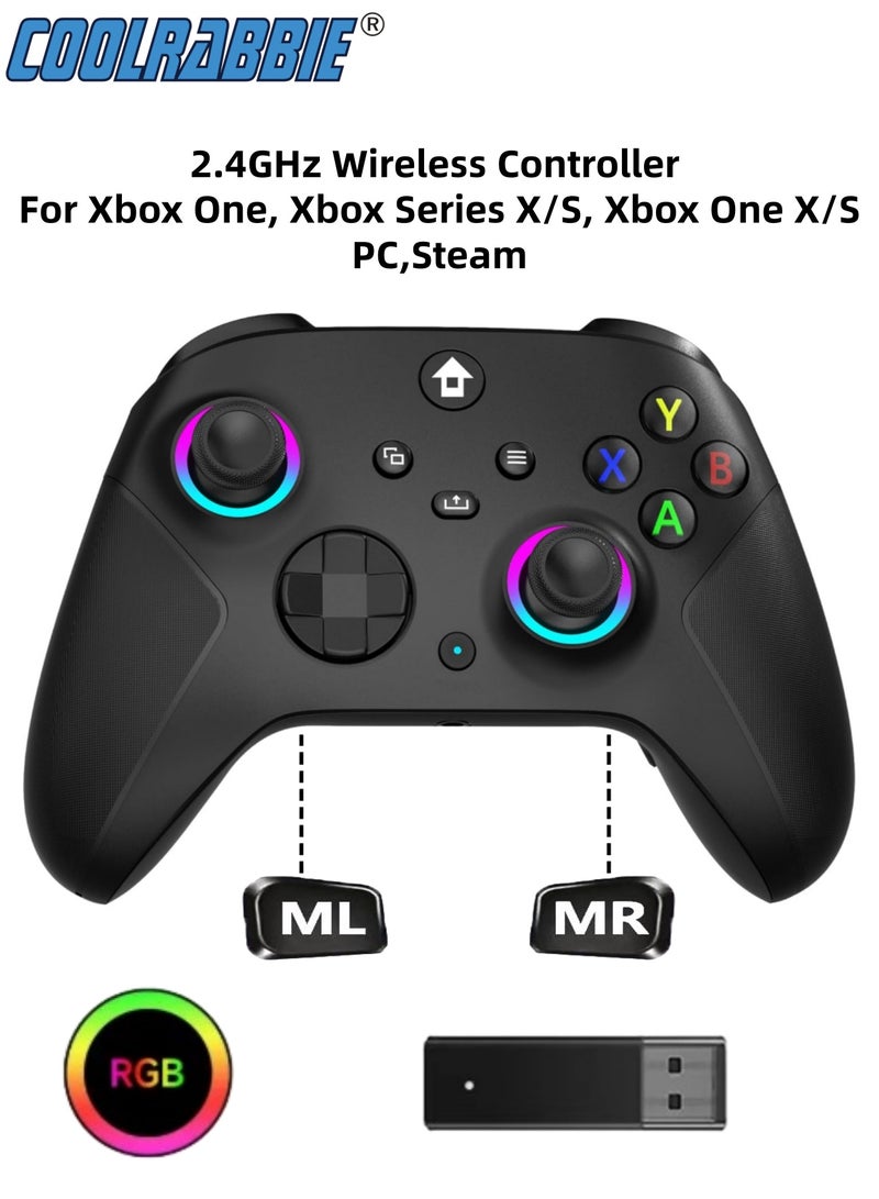 كول رابي وحدة تحكم لاسلكية بتردد 2.4 جيجاهرتز مع إضاءة RGB بسبعة ألوان لأجهزة Xbox One و Xbox Series X/S و Xbox One X/S والكمبيوتر الشخصي و Steam، مزودة بعصا تحكم بتقنية تأثير هول، وبطارية بسعة 800 مللي أمبير/ساعة، ووظيفة اهتزاز مزدوج، ووظيفة توربو، وإمكانية البرمجة، ومنفذ صوت 3.5 ملم (أسود كلاسيكي). - Image 1
